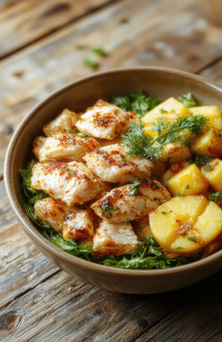 A vibrant chicken and sweet potato bowl featuring golden roasted sweet potatoes, juicy grilled chicken slices, fresh green spinach, and colorful toppings arranged in a modern white bowl on a rustic wooden surface. The textures highlight crispy edges, tender chicken, and smooth sweet potato chunks, styled with a drizzle of sauce and garnished with herbs, all under natural lighting to showcase appetizing colors and fresh ingredients.