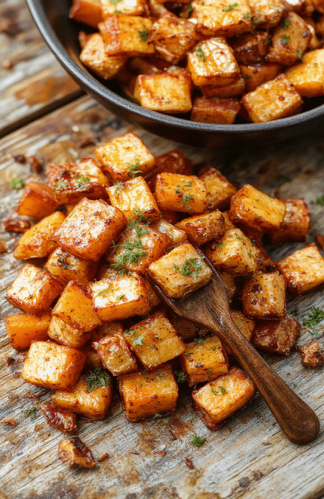 A vibrant plated dish featuring golden roasted sweet potatoes and bright orange carrots, garnished with fresh herbs on a rustic white plate, with a blurred wooden table background showcasing a cozy kitchen ambiance.