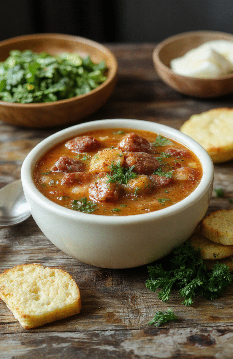 A vibrant bowl of hearty kielbasa soup featuring sliced kielbasa, colorful vegetables, and herbs, garnished with fresh parsley, served in a rustic bowl on a wooden table with a cozy ambiance.