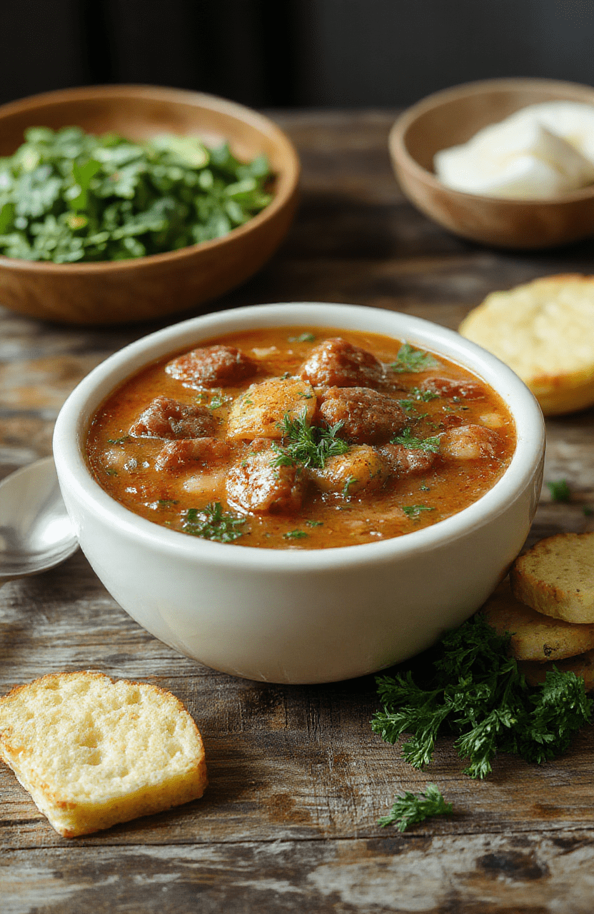 A vibrant bowl of hearty kielbasa soup featuring sliced kielbasa, colorful vegetables, and herbs, garnished with fresh parsley, served in a rustic bowl on a wooden table with a cozy ambiance.