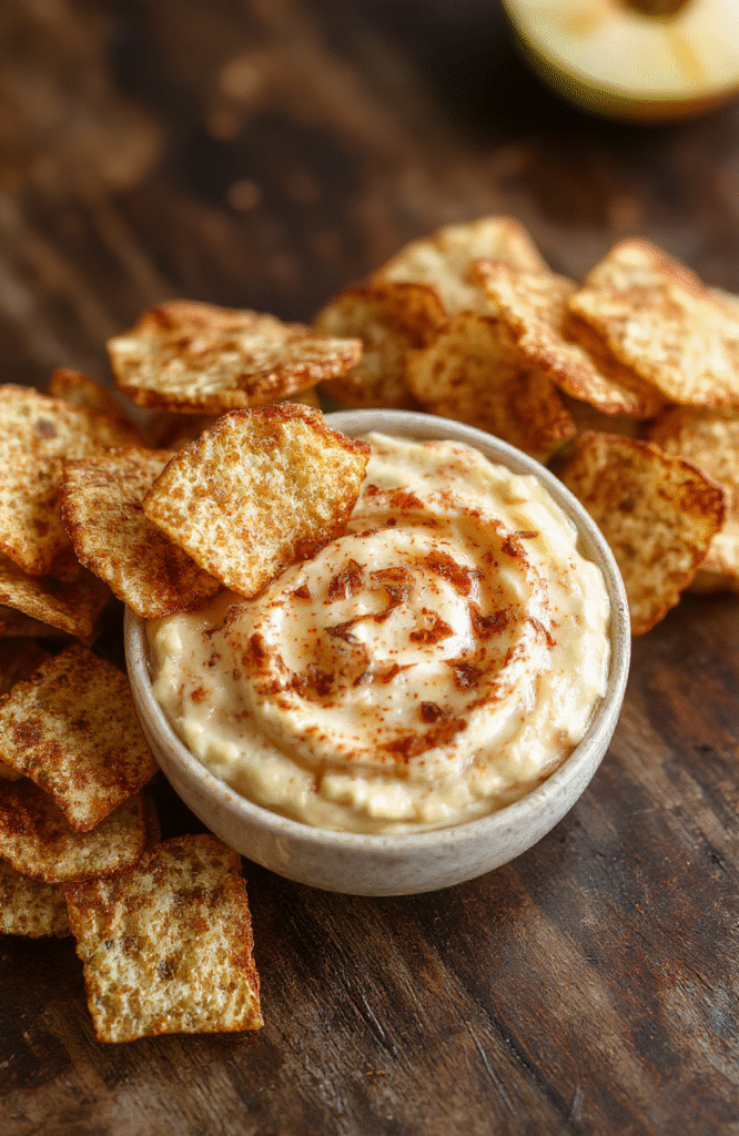 A vibrant orange bowl filled with creamy apple dip topped with a sprinkle of cinnamon, surrounded by crispy cinnamon chips on a rustic wooden table, with scattered apple slices and cinnamon sticks adding warm textures and inviting colors.