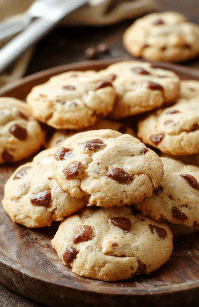 A close-up of freshly baked cowboy cookies on a rustic wooden plate, showcasing golden-brown edges, chocolate chips, and a soft, chewy center. The cookies sit on a textured cloth, with a rustic background and natural lighting highlighting their melt-in-your-mouth texture and rich ingredients.