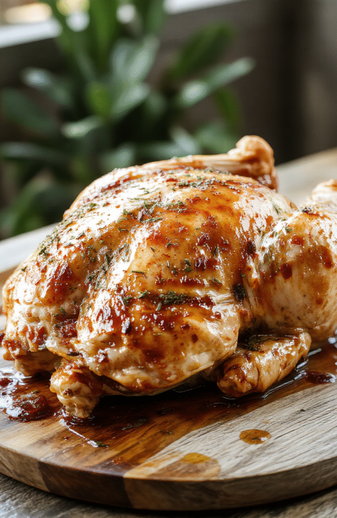 A beautifully roasted turkey with golden crispy skin on a rustic wooden platter, garnished with fresh herbs and lemon slices, surrounded by colorful autumn vegetables, in a cozy holiday setting with soft natural lighting.