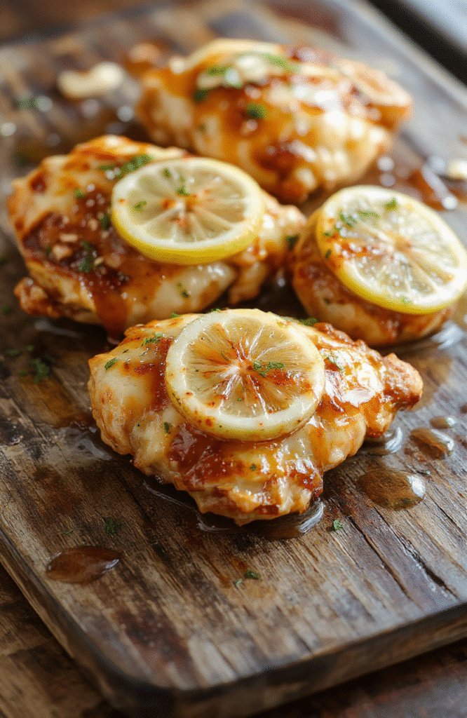 A vibrant plate of lemon honey glazed chicken featuring golden-brown chicken breasts topped with a glistening lemon honey sauce, garnished with fresh herbs. The dish is beautifully plated on a rustic wooden table with lemon slices and sprigs of thyme, highlighting the glossy texture and bright colors of the sauce and chicken, styled to look appetizing and fresh.
