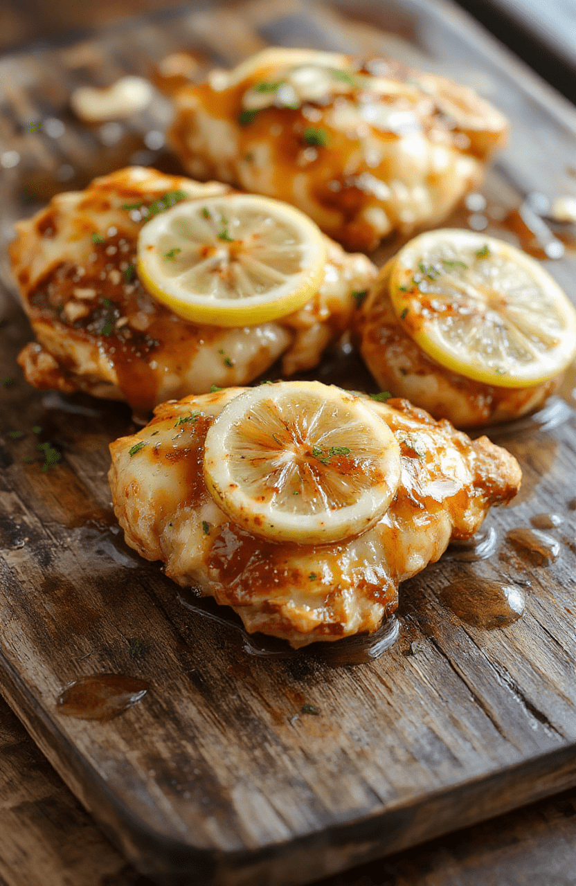 A vibrant plate of lemon honey glazed chicken featuring golden-brown chicken breasts topped with a glistening lemon honey sauce, garnished with fresh herbs. The dish is beautifully plated on a rustic wooden table with lemon slices and sprigs of thyme, highlighting the glossy texture and bright colors of the sauce and chicken, styled to look appetizing and fresh.