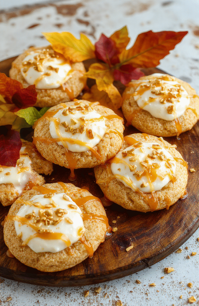 A close-up of vibrant golden-brown butterbeer cookies stacked on a rustic wooden plate, drizzled with creamy caramel, topped with whipped cream and tiny edible gold pearls, styled with a soft-focus background featuring spooky Halloween decorations and cozy autumn accents.
