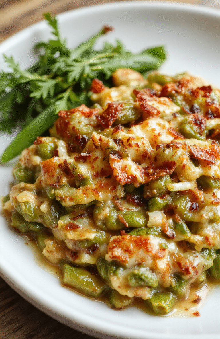 A vibrant green bean casserole featuring fresh green beans topped with crispy golden fried onions, served steaming on a rustic white plate with a creamy coating, surrounded by festive holiday decorations and cozy warm lighting, capturing the appetizing texture and inviting presentation.