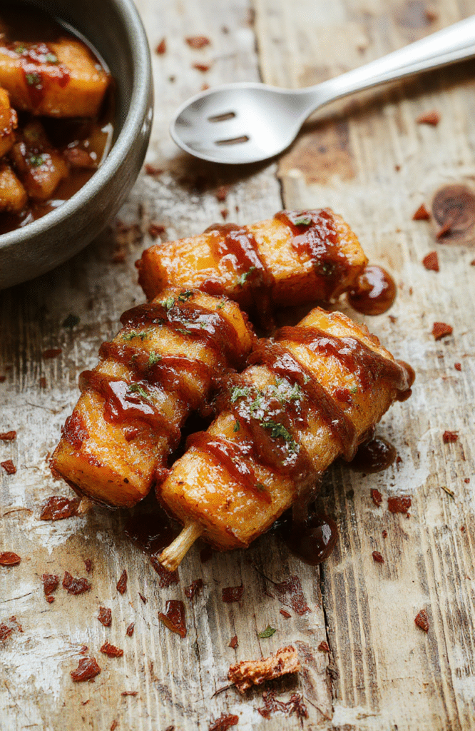A vibrant dish of golden-brown candied yams glazed with rich caramel sauce, sliced and arranged on a rustic white platter, garnished with a sprinkle of crushed pecans and a drizzle of extra caramel. The dish is styled with warm lighting to enhance the caramel sheen, set against a cozy wooden table. The textures look tender and gooey, inviting comfort and indulgence.