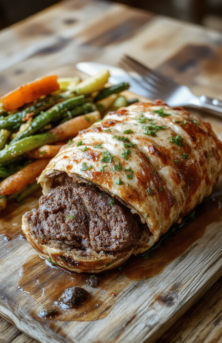 A beautifully plated beef Wellington featuring perfectly cooked beef wrapped in golden puff pastry, sliced to reveal tender pink meat and mushroom duxelles inside, garnished with fresh herbs. The dish is styled on a rustic wooden board with a dark, textured background, highlighting the glossy pastry crust and moist interior, with soft natural lighting emphasizing textures and colors.