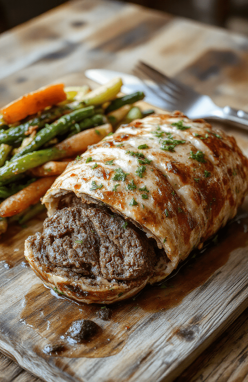 A beautifully plated beef Wellington featuring perfectly cooked beef wrapped in golden puff pastry, sliced to reveal tender pink meat and mushroom duxelles inside, garnished with fresh herbs. The dish is styled on a rustic wooden board with a dark, textured background, highlighting the glossy pastry crust and moist interior, with soft natural lighting emphasizing textures and colors.
