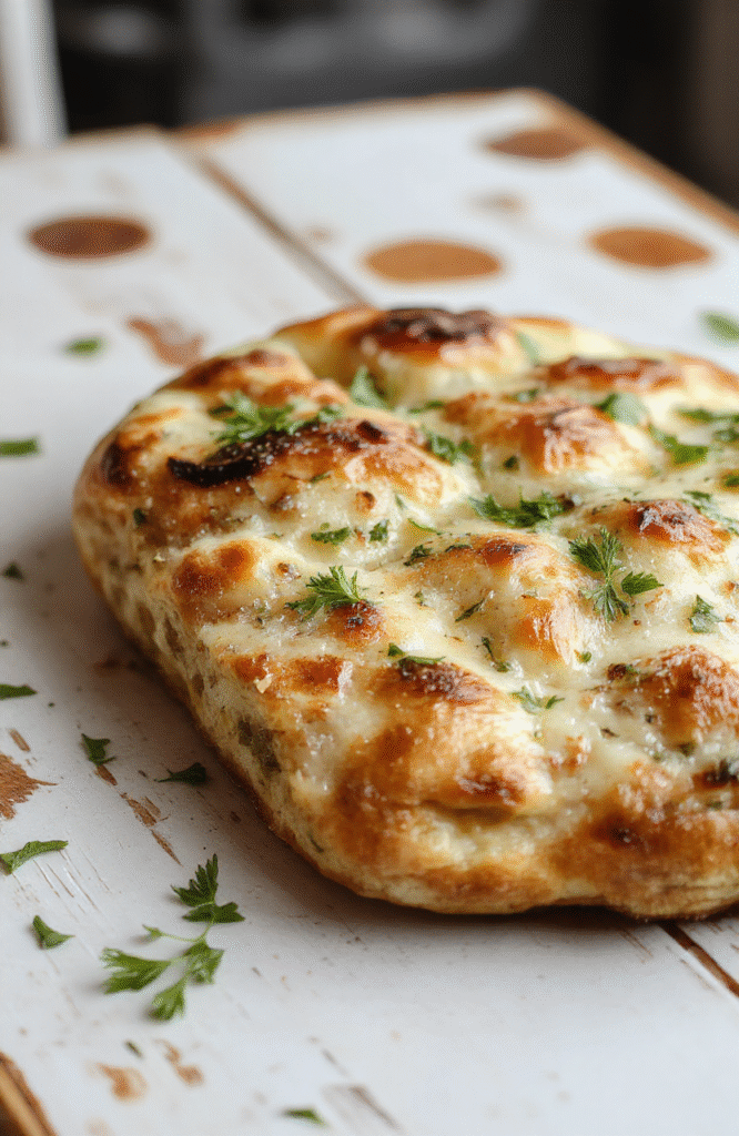 A golden-brown, soft garlic focaccia bread topped with fresh herbs and sliced garlic, arranged on a rustic wooden board. The bread has a airy, textured surface with crispy edges, garnished with olive oil drizzles and herbs, styled casually for a cozy kitchen vibe.