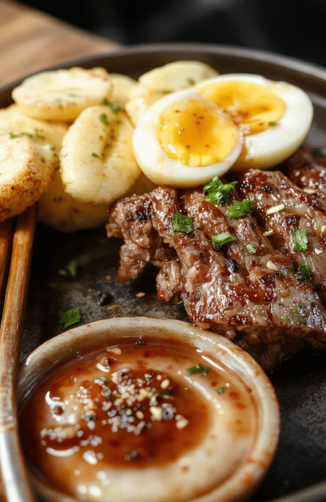 A vibrant hibachi steak bowl featuring juicy sliced steak atop steamed rice, garnished with scallions and sesame seeds, surrounded by colorful vegetables like carrots and green beans, with a glossy teriyaki glaze. The dish is beautifully arranged on a dark wooden plate with a sprinkle of sesame seeds, styled casually to highlight the textures and freshness of the ingredients.