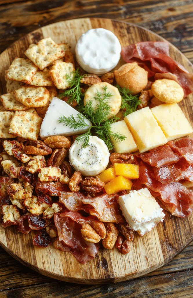 A vibrant holiday charcuterie board featuring an assortment of cheeses, cured meats, fresh fruits, nuts, and crackers, beautifully arranged on a wooden serving platter with festive decorations in the background. The textures of the cheese and meats contrast with the colorful fruits, creating an inviting and appetizing presentation perfect for holiday entertaining.