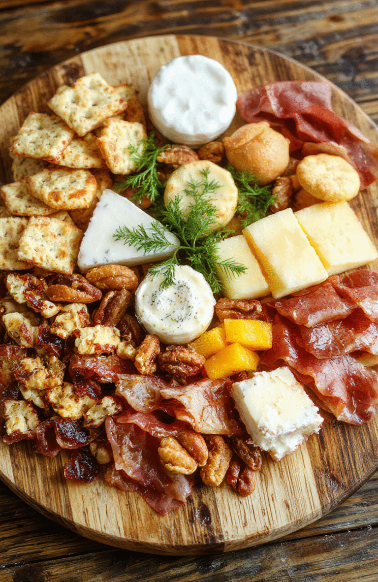 A vibrant holiday charcuterie board featuring an assortment of cheeses, cured meats, fresh fruits, nuts, and crackers, beautifully arranged on a wooden serving platter with festive decorations in the background. The textures of the cheese and meats contrast with the colorful fruits, creating an inviting and appetizing presentation perfect for holiday entertaining.