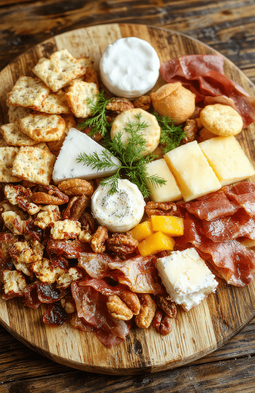 A vibrant holiday charcuterie board featuring an assortment of cheeses, cured meats, fresh fruits, nuts, and crackers, beautifully arranged on a wooden serving platter with festive decorations in the background. The textures of the cheese and meats contrast with the colorful fruits, creating an inviting and appetizing presentation perfect for holiday entertaining.