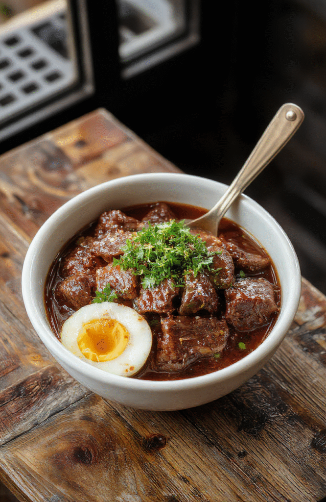 A vibrant bowl featuring sliced juicy beef glazed with soy and sesame, served on steamed rice with chopped green onions and sesame seeds, all on a rustic wooden serving board styled simply with a touch of sauce drizzle for an appetizing look.