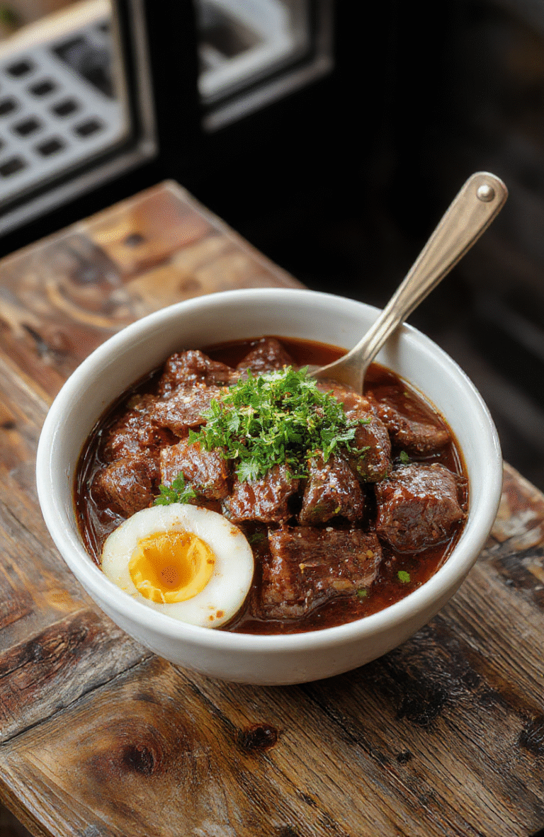 A vibrant bowl featuring sliced juicy beef glazed with soy and sesame, served on steamed rice with chopped green onions and sesame seeds, all on a rustic wooden serving board styled simply with a touch of sauce drizzle for an appetizing look.