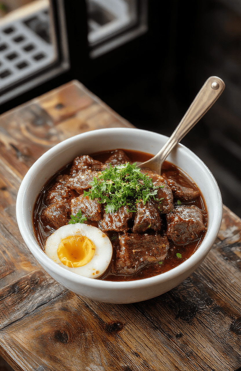 A vibrant bowl featuring sliced juicy beef glazed with soy and sesame, served on steamed rice with chopped green onions and sesame seeds, all on a rustic wooden serving board styled simply with a touch of sauce drizzle for an appetizing look.