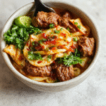 A vibrant plate of Mongolian Ground Beef Noodles featuring tender ground beef, glossy savory sauce, and colorful vegetables twirled around perfectly cooked noodles, styled simply on a white ceramic plate with hints of green onions sprinkled on top, set against a neutral background with soft natural light highlighting the textures and colors.