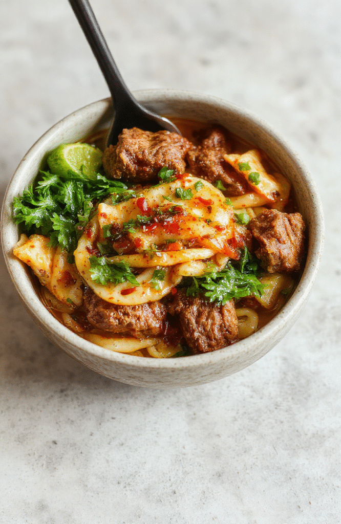 A vibrant plate of Mongolian Ground Beef Noodles featuring tender ground beef, glossy savory sauce, and colorful vegetables twirled around perfectly cooked noodles, styled simply on a white ceramic plate with hints of green onions sprinkled on top, set against a neutral background with soft natural light highlighting the textures and colors.