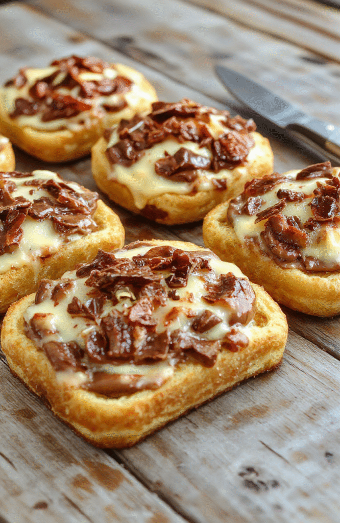 Golden brown Nutella toast pies served on a rustic wooden platter, topped with a dusting of powdered sugar. The pies have a flaky, crispy crust with gooey Nutella filling visible at the edges. The scene emphasizes the warm, inviting textures and rich chocolate hazelnut spread, styled casually with a fork and a sprinkle of chopped nuts in the background.