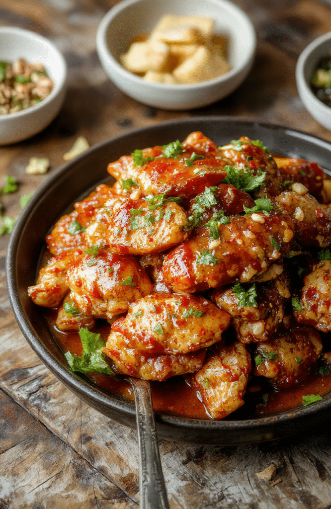 A vibrant plate of sweet chili chicken featuring crispy browned chicken pieces glazed with glossy sweet chili sauce, garnished with fresh cilantro, served alongside colorful bell peppers and steamed rice on a rustic wooden table, with a sprinkle of sesame seeds for texture.
