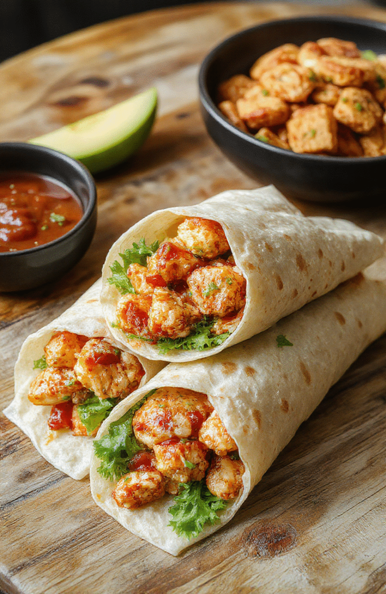 A vibrant plate of sweet chili chicken wraps featuring golden, crispy chicken pieces coated in glossy, spicy-sweet chili sauce, nestled in soft flour tortillas with fresh green lettuce and sliced vegetables. The wraps are arranged on a rustic wooden table with a drizzle of sauce and a side of colorful vegetables, styled casually to highlight their juicy, crispy texture and appetizing appearance.