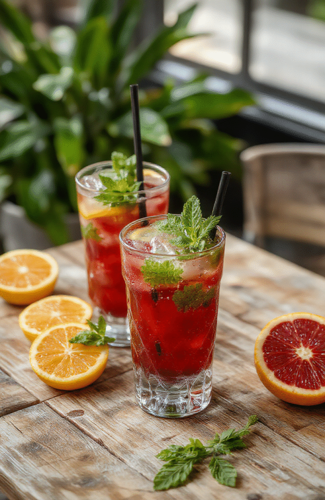 A vibrant glass of blood orange mojito showcasing bright orange hues, fresh mint leaves, and ice cubes, garnished with a slice of blood orange and a sprig of mint, on a rustic wooden surface with scattered blood orange slices and mint sprigs, styled casually