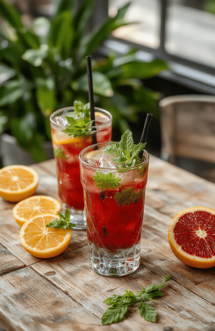 A vibrant glass of blood orange mojito showcasing bright orange hues, fresh mint leaves, and ice cubes, garnished with a slice of blood orange and a sprig of mint, on a rustic wooden surface with scattered blood orange slices and mint sprigs, styled casually