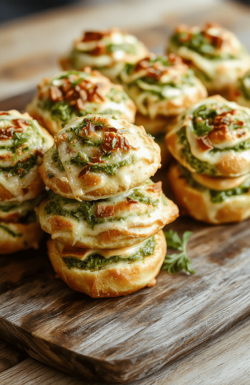 A golden-brown puff pastry tree decorated with vibrant green pesto filling and small cherry tomato accents, arranged on a rustic wooden board with sprigs of basil and grated cheese scattered around, inviting and festive with a flaky, crispy texture and a burst of green pesto topping.
