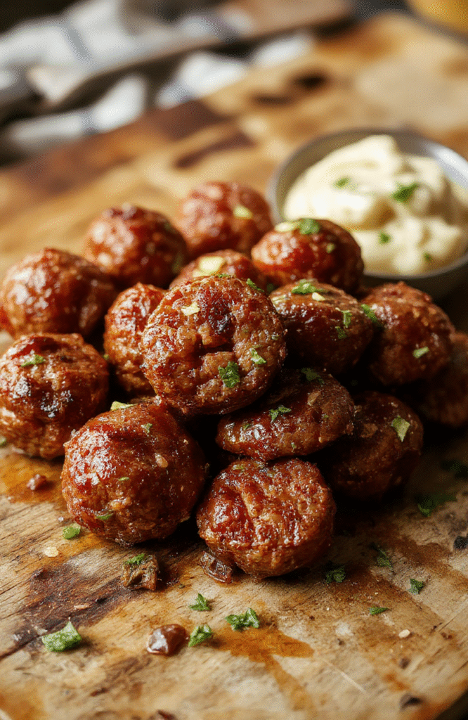 Colorful savory sausage bites arranged on a rustic wooden platter with fresh herbs and sliced vegetables around, showcasing golden-brown crispy edges, tender sausage filling, and vibrant garnishes, styled casually with natural lighting highlighting textures.