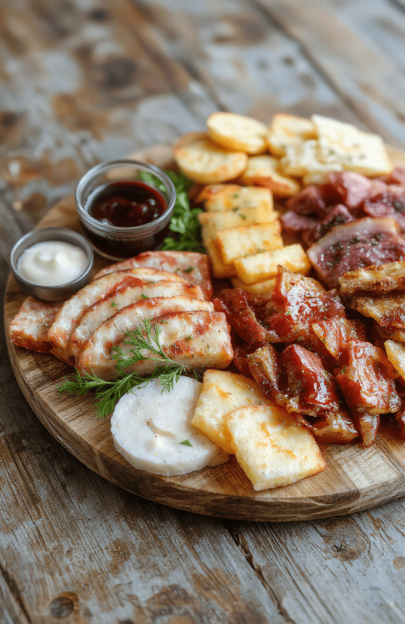 A vibrant charcuterie board featuring an assortment of cured meats, assorted cheeses, crackers, fresh fruits, nuts, and garnishes, artfully arranged on a wooden serving platter with colorful ingredients contrasting beautifully against a rustic background.