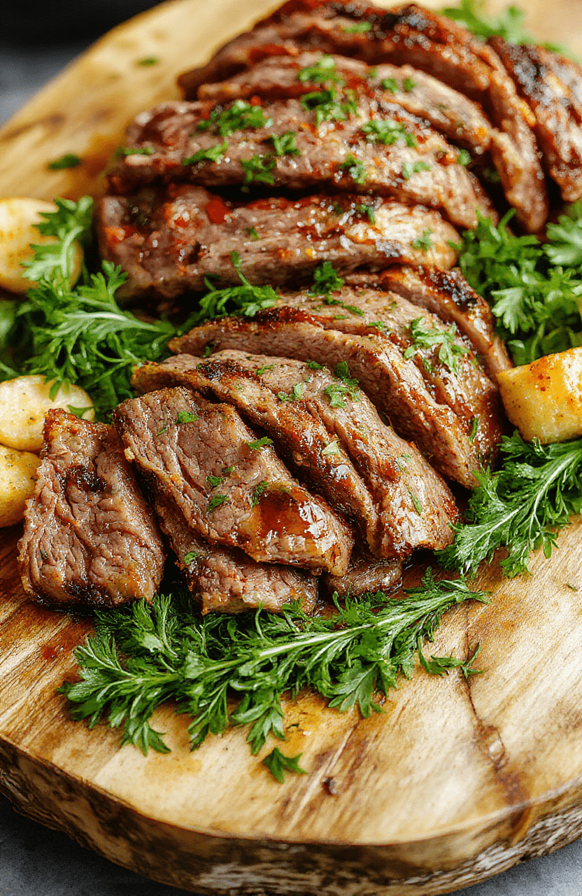 A beautifully glazed honey baked beef roast on a rustic wooden platter, garnished with fresh herbs and sliced to reveal tender, juicy interior. The golden caramelized glaze adds a glossy shine, contrasting with the vibrant green herbs and red accents of cherry tomatoes. The presentation is warm and inviting, styled simply with a cozy holiday atmosphere.