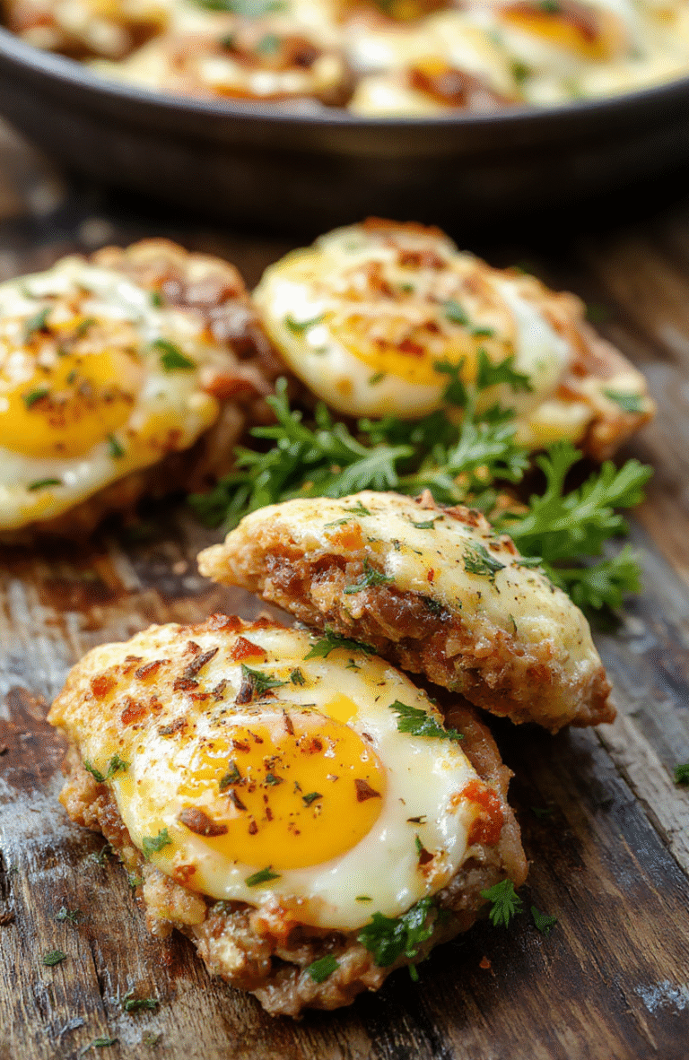 Colorful sausage and egg casserole arranged on a rustic white plate, featuring golden-brown cheese, slices of sausage, fluffy eggs, and fresh herbs, styled with a wooden background and natural daylight, emphasizing textures and vibrant colors.