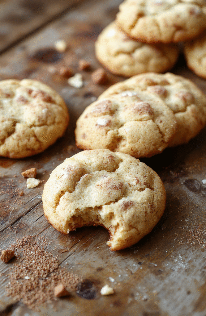 A close-up of soft, chewy classic snickerdoodles plated on a rustic wooden surface, coated in cinnamon sugar with a slightly cracked surface revealing a tender texture, styled with a light dusting of cinnamon in a warm inviting setting.