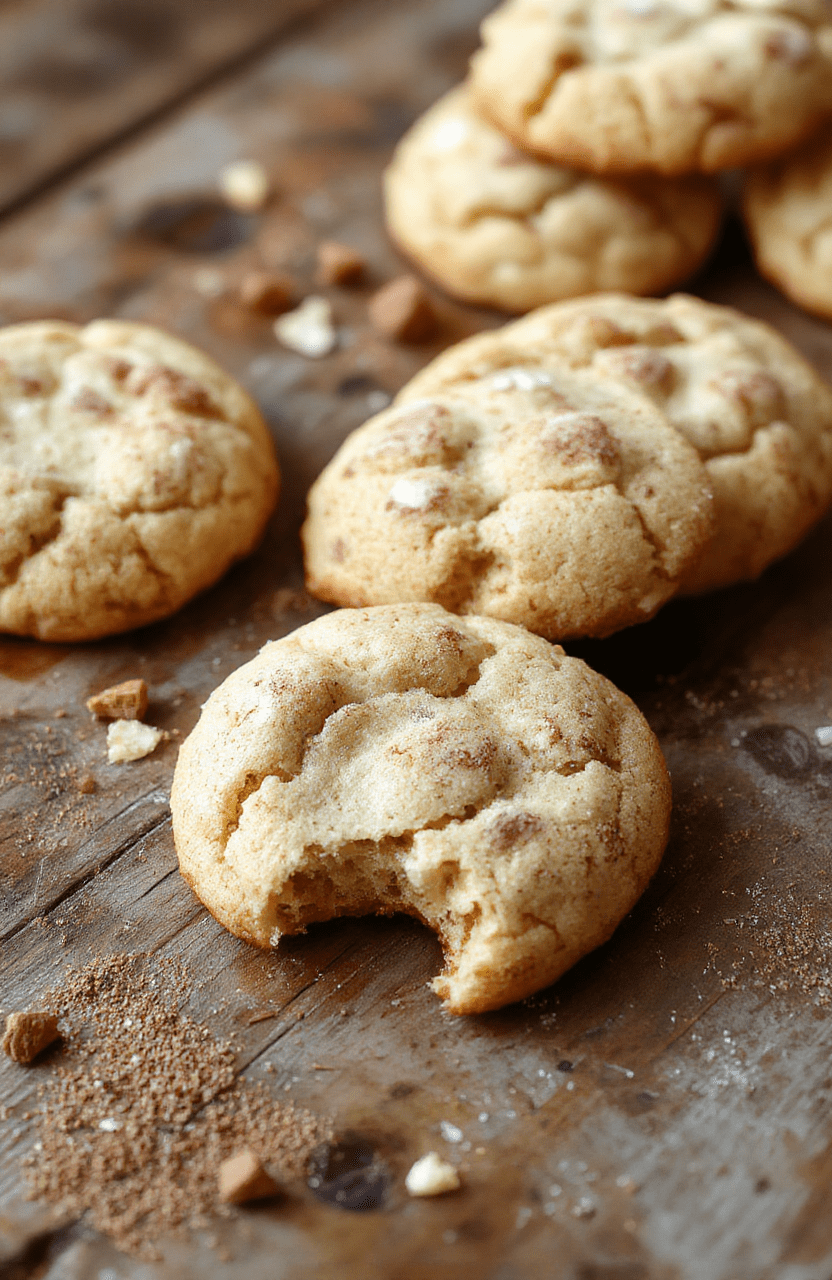 A close-up of soft, chewy classic snickerdoodles plated on a rustic wooden surface, coated in cinnamon sugar with a slightly cracked surface revealing a tender texture, styled with a light dusting of cinnamon in a warm inviting setting.