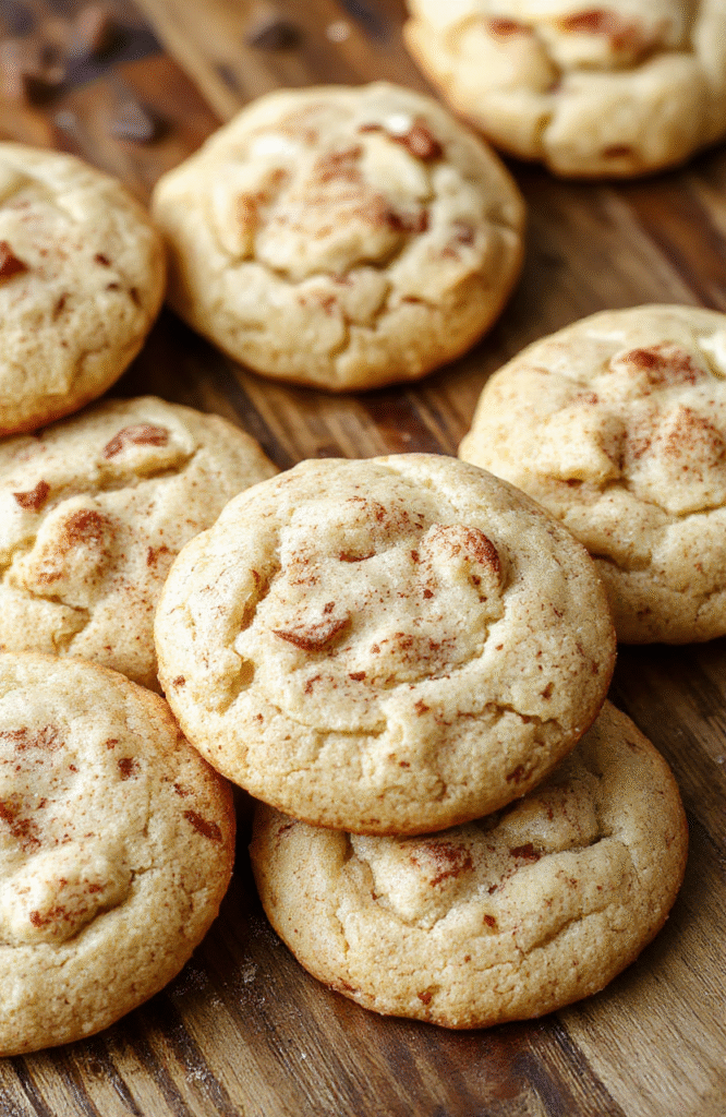 A plate of golden-brown, soft and chewy snickerdoodles coated in cinnamon sugar, arranged on a rustic wooden surface with a sprinkle of cinnamon around, showcasing their crackly tops and chewy texture.
