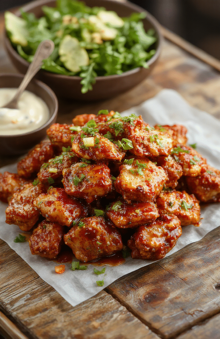 A vibrant plate of Spicy Firecracker Chicken featuring crispy golden chicken bites coated in a glossy, red hot sauce with flecks of chili flakes. Garnished with thinly sliced green onions and sesame seeds, the dish is artfully arranged on a clean white plate, complemented by colorful vegetables and a drizzle of spicy sauce. The background showcases a rustic wooden table with natural daylight highlighting the textures and vibrant colors.