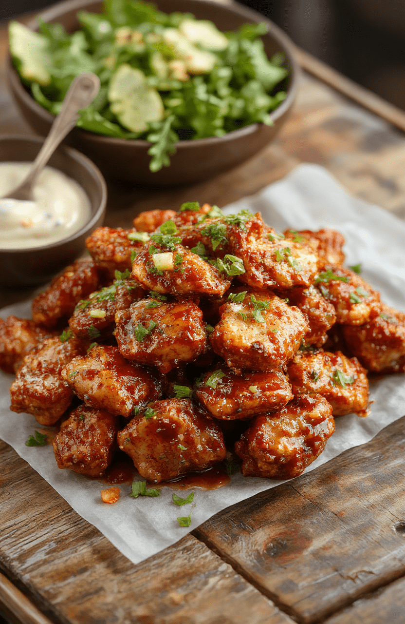 A vibrant plate of Spicy Firecracker Chicken featuring crispy golden chicken bites coated in a glossy, red hot sauce with flecks of chili flakes. Garnished with thinly sliced green onions and sesame seeds, the dish is artfully arranged on a clean white plate, complemented by colorful vegetables and a drizzle of spicy sauce. The background showcases a rustic wooden table with natural daylight highlighting the textures and vibrant colors.