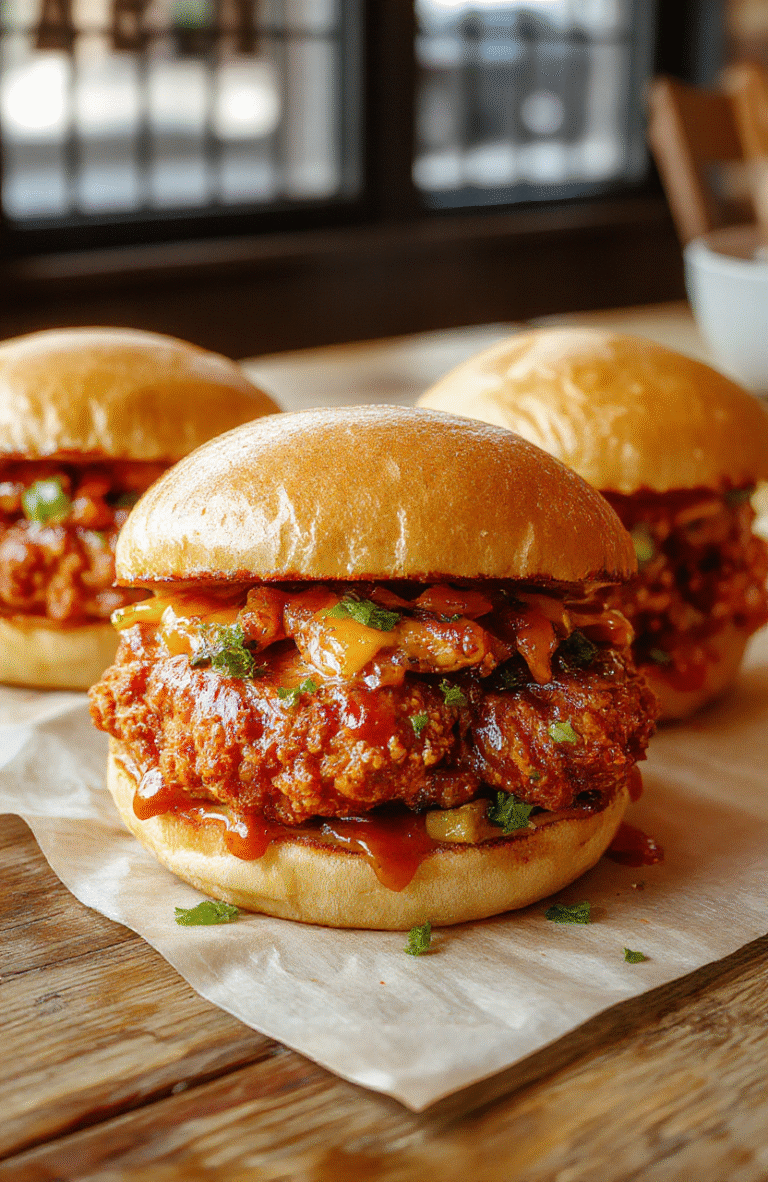 A vibrant plate featuring a crispy spicy Nashville hot chicken fillet nestled in a toasted bun, topped with creamy pickles and a drizzle of spicy sauce. The sandwich is placed on a rustic wooden table, with a side of crispy fries and fresh coleslaw, showcasing textures from crunchy breading to tender chicken and fresh toppings, styled casually for an inviting, flavorful presentation.