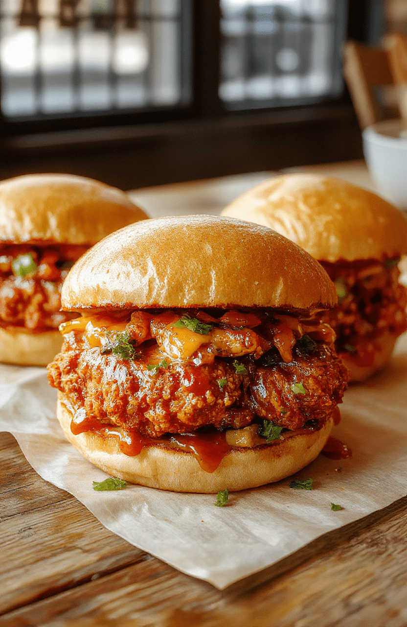 A vibrant plate featuring a crispy spicy Nashville hot chicken fillet nestled in a toasted bun, topped with creamy pickles and a drizzle of spicy sauce. The sandwich is placed on a rustic wooden table, with a side of crispy fries and fresh coleslaw, showcasing textures from crunchy breading to tender chicken and fresh toppings, styled casually for an inviting, flavorful presentation.