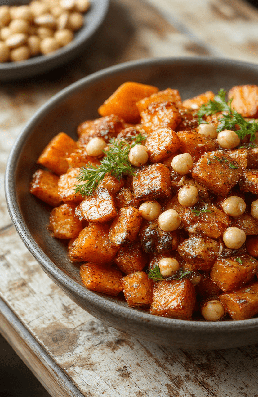 Bright orange roasted carrots topped with golden crispy chickpeas, served on a rustic white plate. The carrots are caramelized with a hint of red chili flakes visible, garnished with fresh herbs. The crispy chickpeas add texture and contrast. The background features a wooden table with scattered spices and a fork nearby, styled simply for an inviting, homemade look.