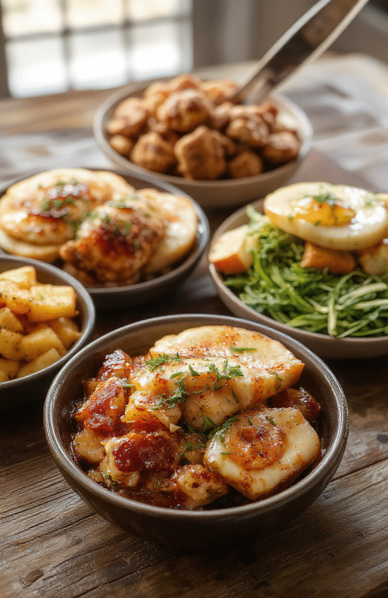 A beautifully arranged Thanksgiving feast with roasted turkey, vibrant side dishes, and festive decor, styled on a rustic wooden table with warm lighting, showcasing textures and colors appealingly.