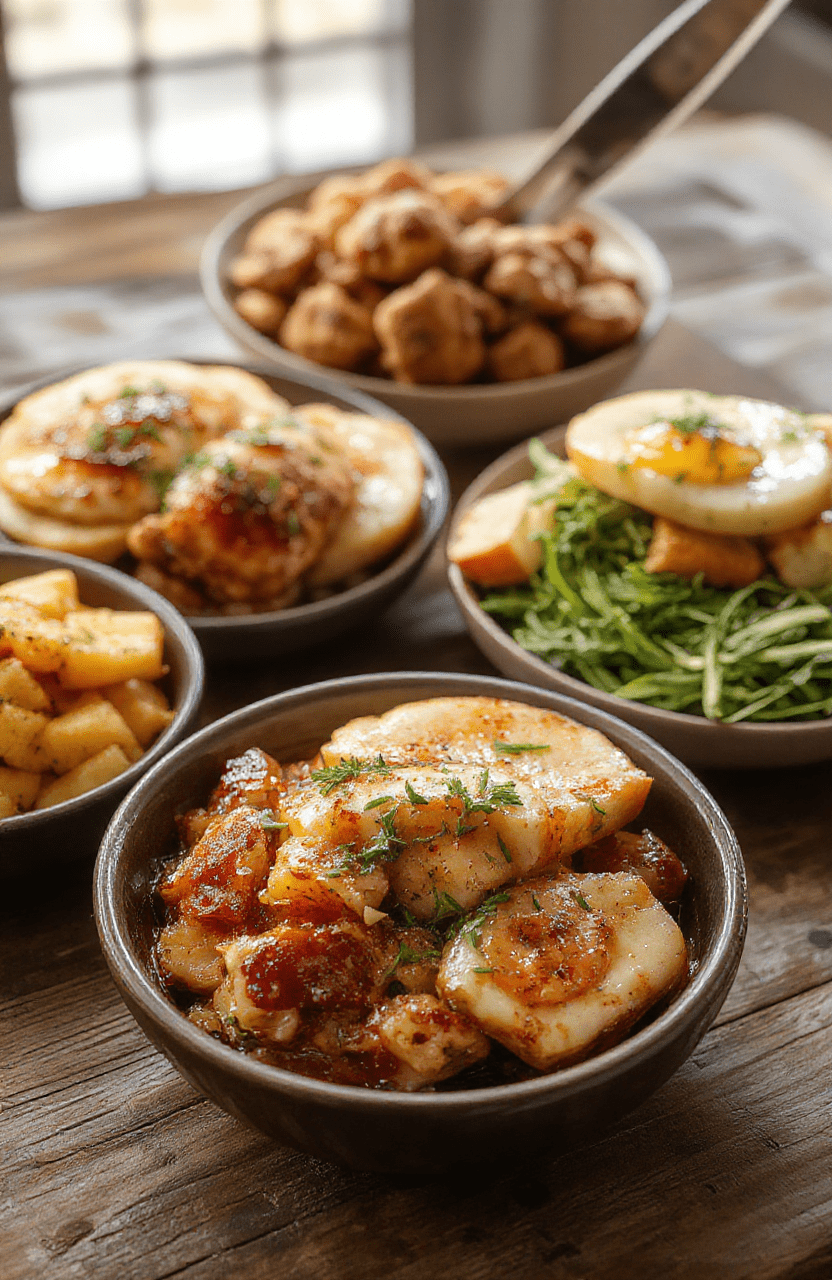 A beautifully arranged Thanksgiving feast with roasted turkey, vibrant side dishes, and festive decor, styled on a rustic wooden table with warm lighting, showcasing textures and colors appealingly.