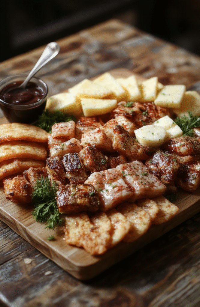 A vibrant variety of meats, cheeses, fresh fruits, nuts, and crackers artfully arranged on a wooden platter. The colorful ingredients are styled elegantly with decorative garnishes, creating a visually appealing centerpiece perfect for parties. The board showcases textures ranging from creamy cheeses to crisp crackers, with some elements draped over the edges for a dynamic look. Natural lighting emphasizes the freshness and rich colors of the ingredients, styled in a modern, inviting manner.