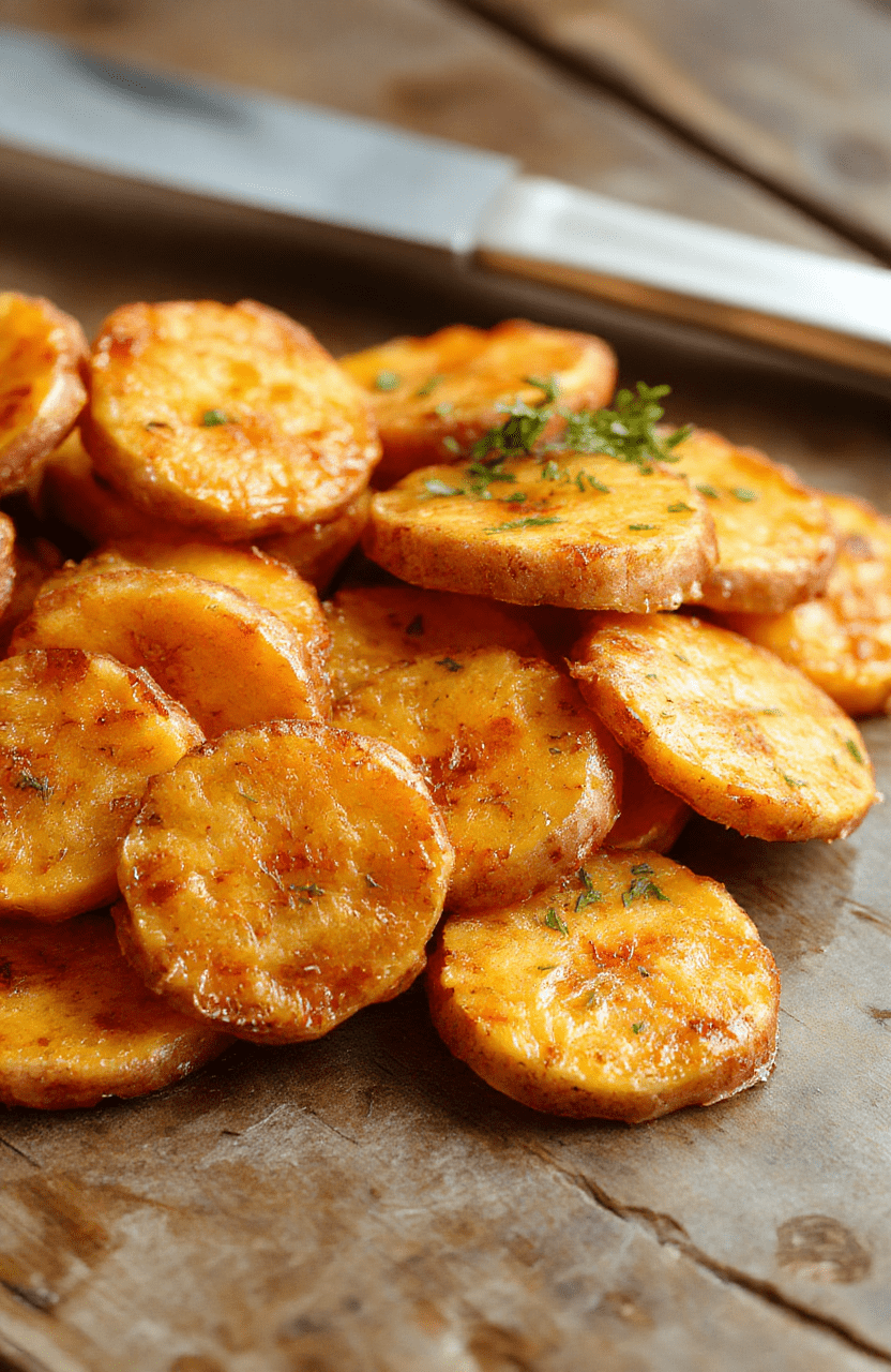 Colorful sweet potato rounds arranged on a white plate with golden crispy edges, topped with herbs and seasoning. The background features a rustic wooden table, showcasing a vibrant and appetizing presentation highlighting textures and natural tones.