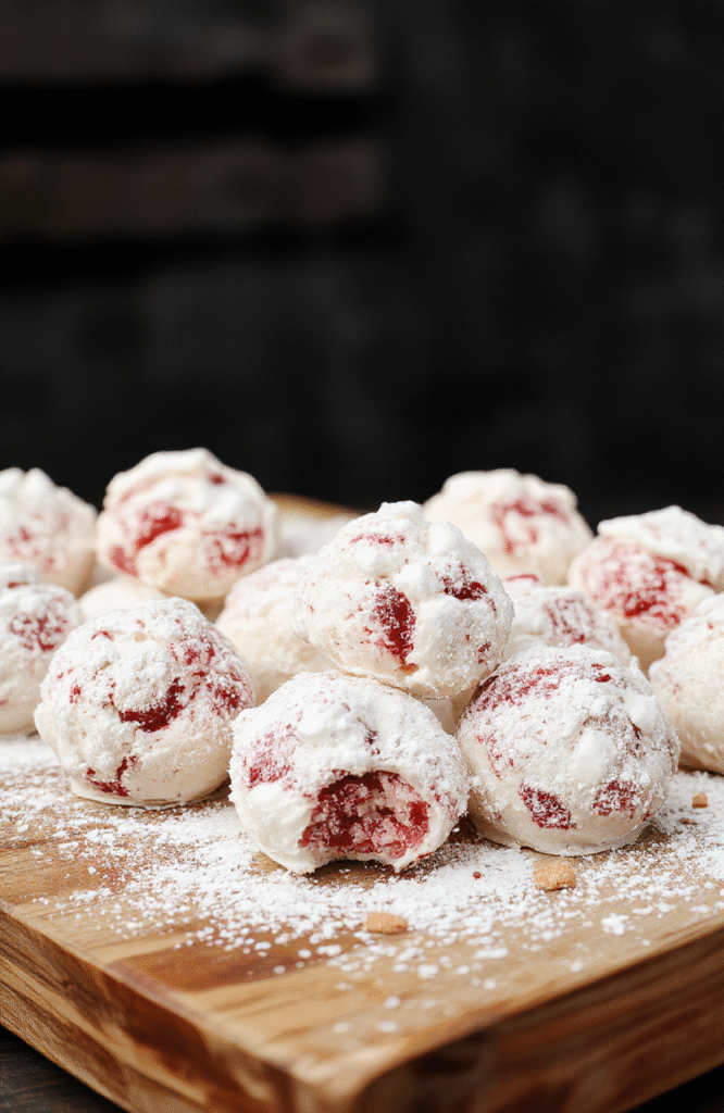 Colorful holiday cookies with snowy white powdered sugar coating, placed on a rustic wooden tray. Juicy red raspberries peeking through the buttery, crumbly exterior. The cookies are arranged in a festive pattern, with a hint of red and white holiday decoration in the background, textures of flaky coating contrasted with soft raspberry centers, styled for warmth and celebration.