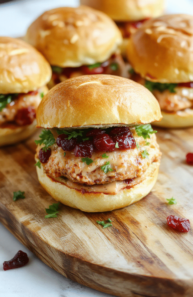 A close-up of juicy turkey cranberry sliders on a rustic wooden plate, topped with fresh herbs and served with a side of greens. The warm, golden buns hold a colorful filling of turkey, cranberry sauce, and melting cheese, creating an inviting holiday appetizer scene. Natural light highlights the textures and vibrant colors, making the dish look mouthwatering and festive.