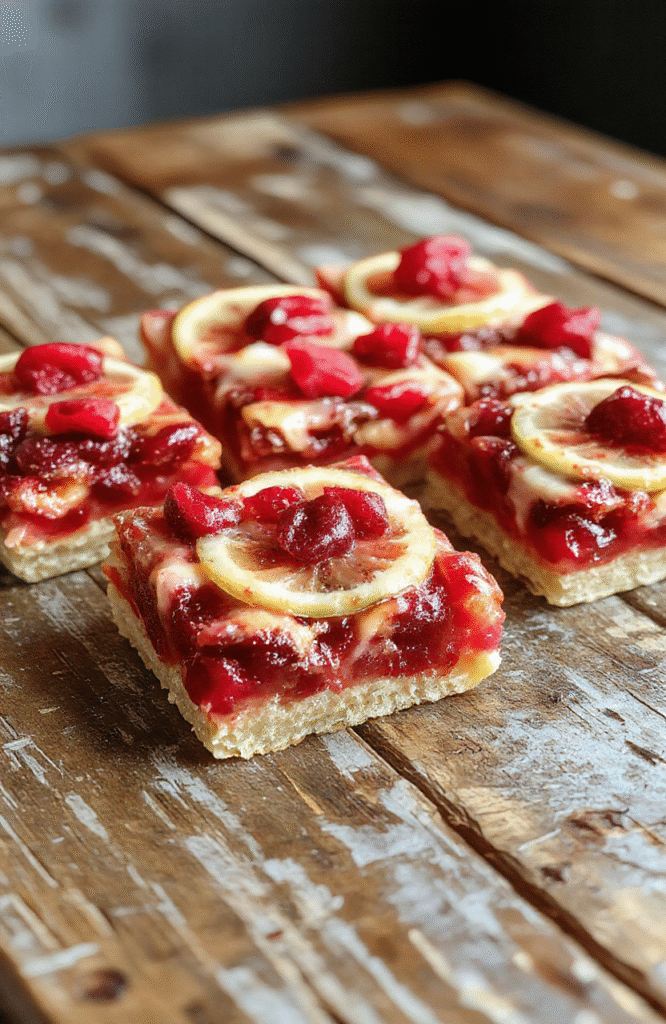 Colorful cranberry and lemon bars arranged on a rustic wooden platter, featuring vibrant red and yellow hues, glossy cranberry topping, dusted powdered sugar, and a flaky crust, styled simply with a few lemon slices and cranberries for garnish, inviting and appetizing visual appeal.