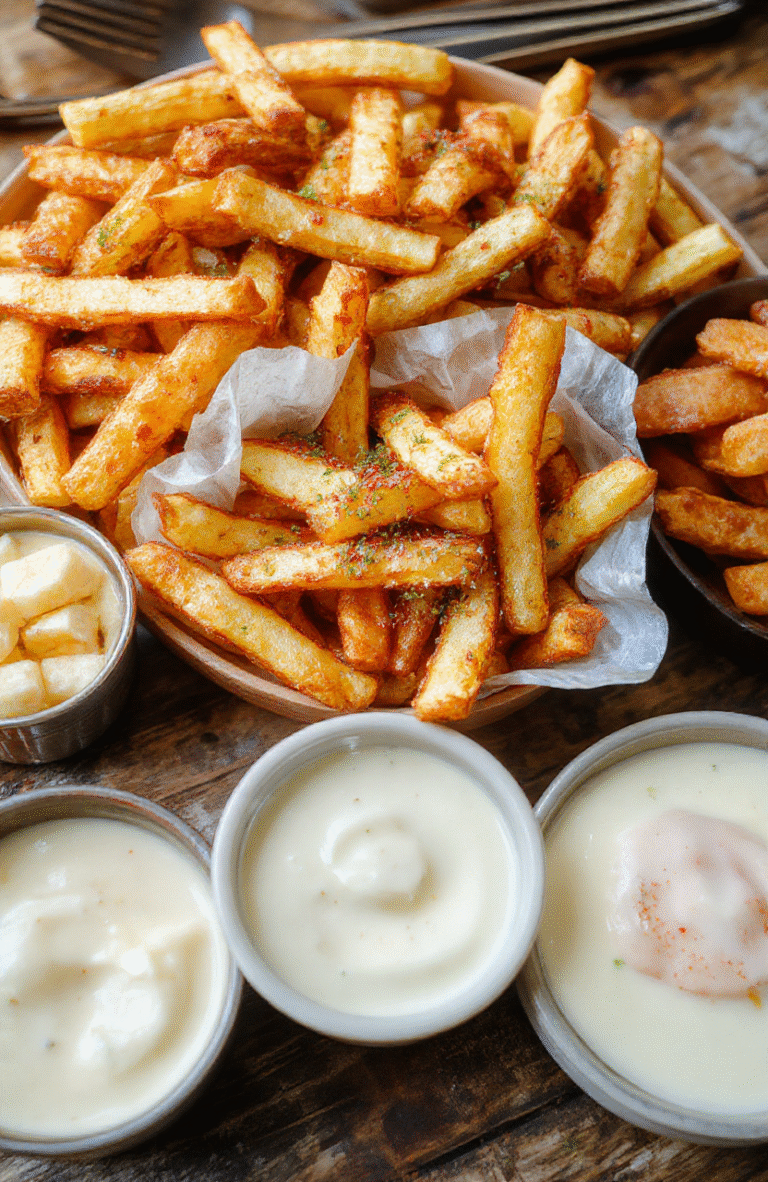 A colorful French fry board featuring crispy golden fries arranged in sections with various toppings like cheese, ketchup, aioli, and herbs on a rustic wooden table, garnished with fresh parsley and cherry tomatoes, styled casually with vibrant textures and inviting appeal.